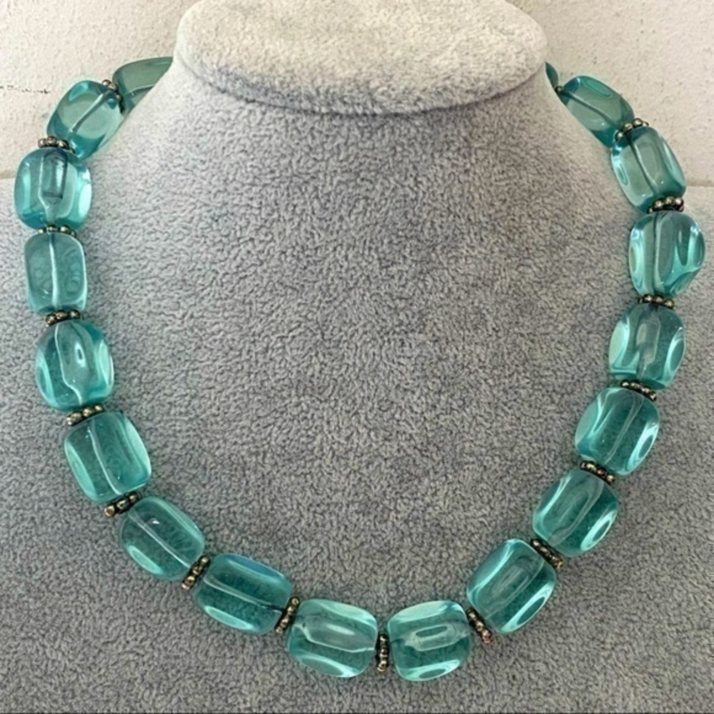 925 Sterling Silver Aquamarine Blue Sea Glass Beaded Chunky Choker Necklace NEW